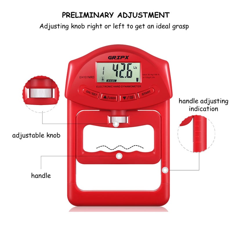 GRIPX Digital Hand Dynamometer Grip Strength Measurement Meter Auto Capturing Electronic Hand Grip Power 198Lbs / 90Kgs  Red - Image 5